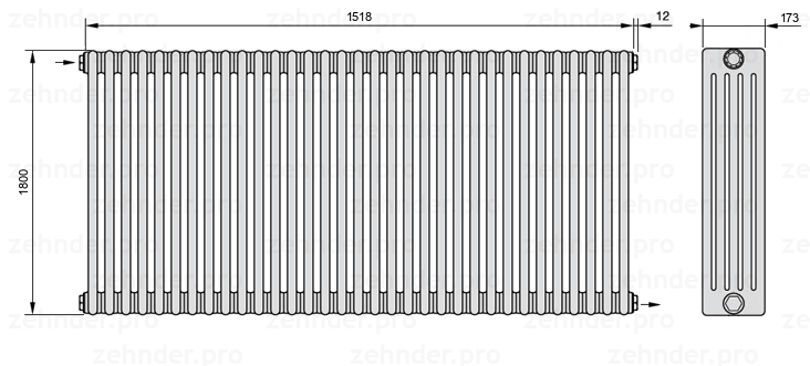 Схема (чертеж) Радиатор Zehnder Charleston 5180/33 №1670 Белый глянцевый RAL 9016